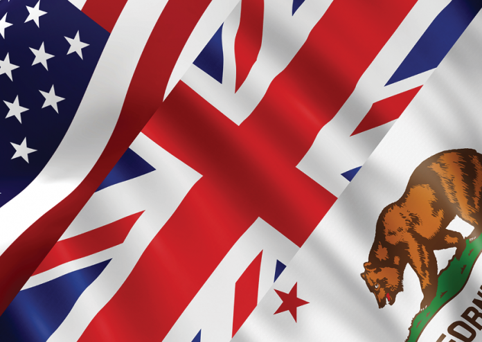 U.S., United Kingdom and California flags overlap in a diagonal arrangement.
