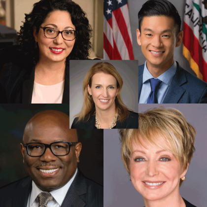 A collage of five professional headshots of people in business attire.