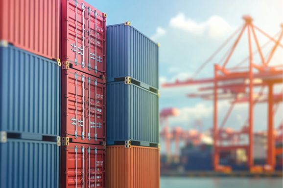 Stacks of multicolored shipping containers stand in front of blurred port cranes.