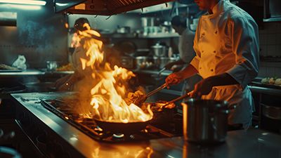 A chef cooks over a pan engulfed in flames in a commercial kitchen.