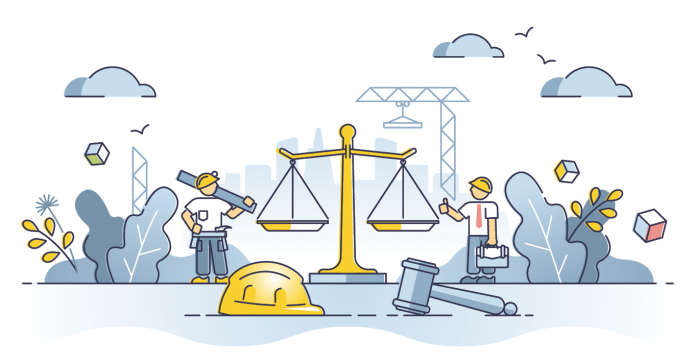 Illustration of balance scales, a gavel, hard hat and construction workers beside a crane.
