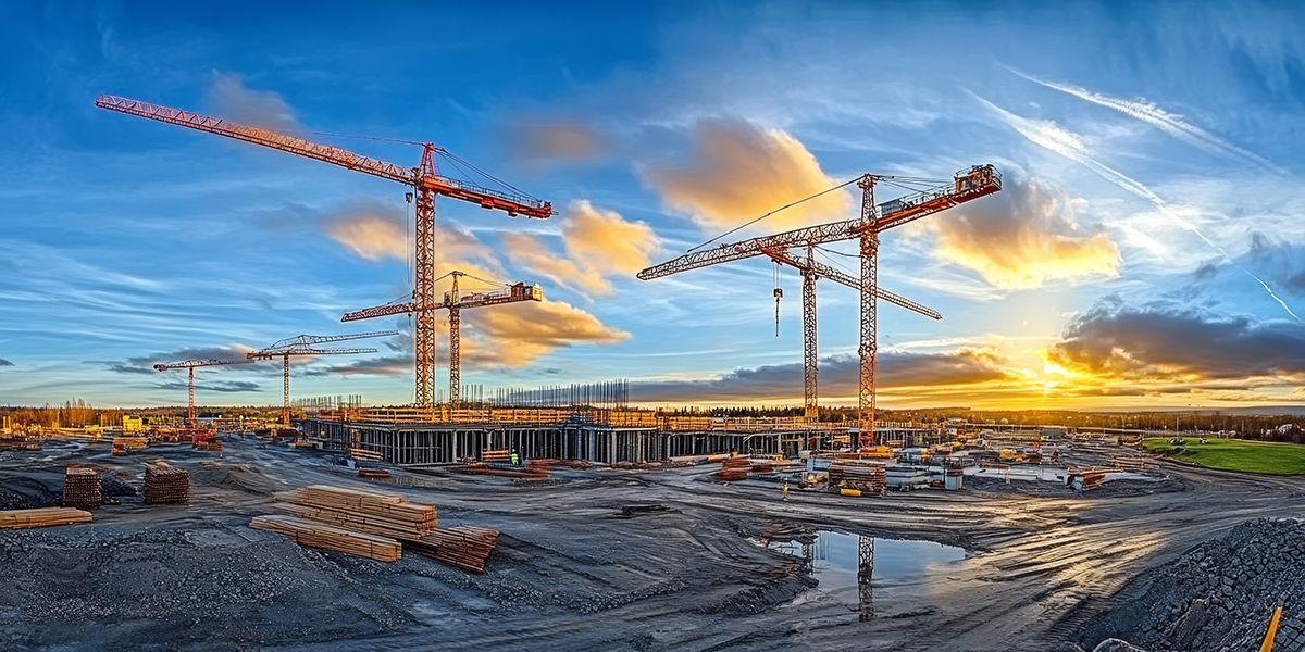 A construction site with multiple tower cranes under a sunset sky.