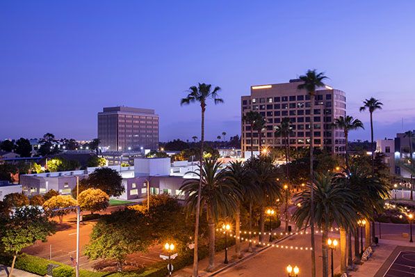 City buildings and palm-lined streets illuminated at twilight.