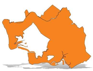 Orange silhouette map of Fremont with a gray drop shadow.