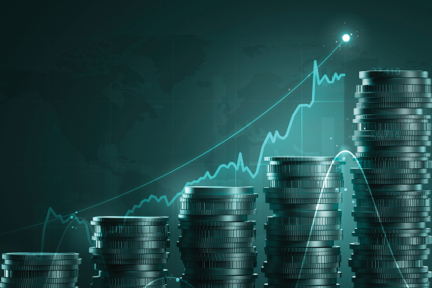 Ascending stacks of coins overlaid with a glowing upward financial graph.