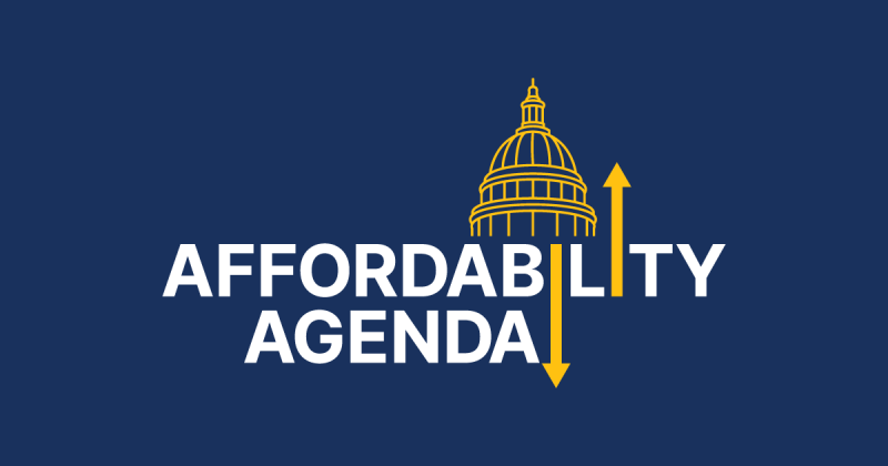 Affordability Agenda graphic with a gold Capitol dome and up-and-down arrows on navy.