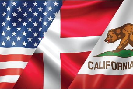 Overlapping United States, Denmark and California flags.