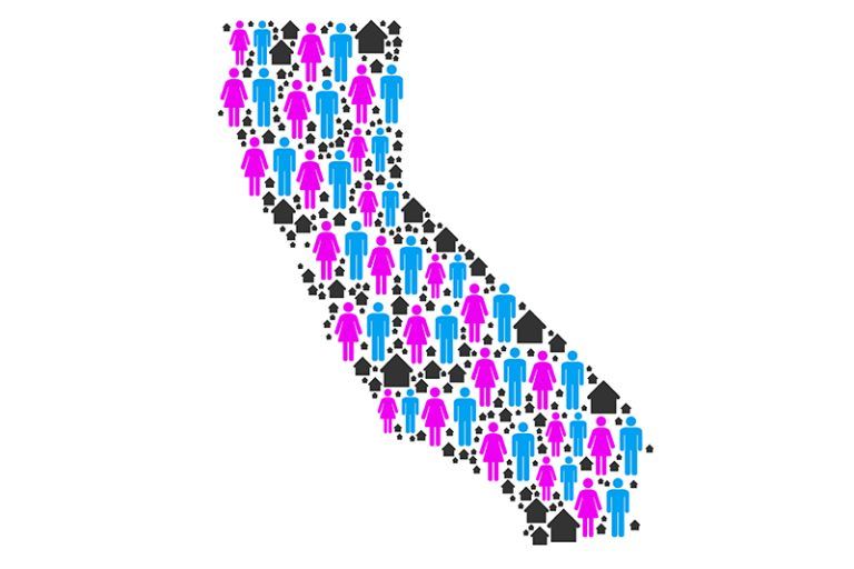 A California silhouette filled with colorful people and house icons.