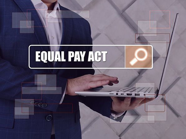 Equal Pay Act lettering in a search bar overlays a person holding a laptop.
