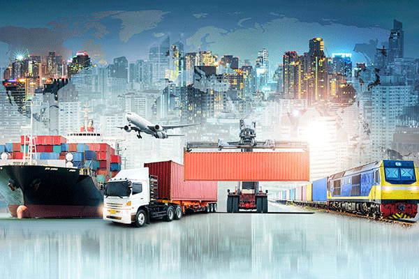 Global logistics and transportation: cargo ship, airplane, truck, and train moving containers against a city and world map background.