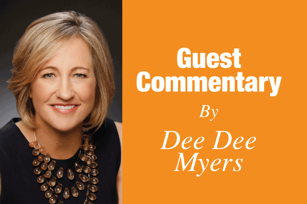 Portrait of Dee Dee Myers beside an orange panel reading Guest Commentary By Dee Dee Myers.