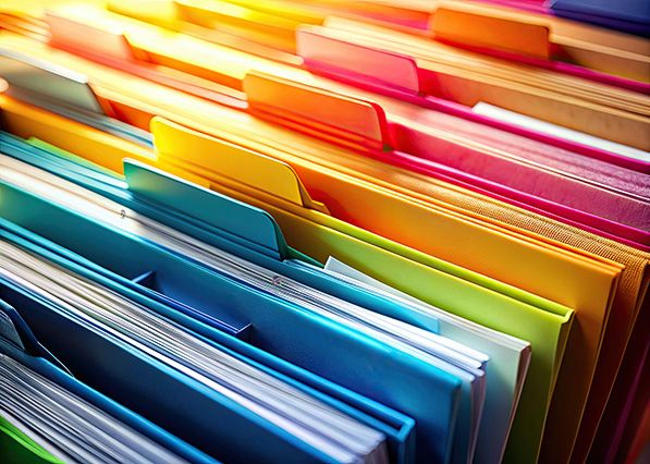 Rows of colorful hanging file folders in a filing drawer.