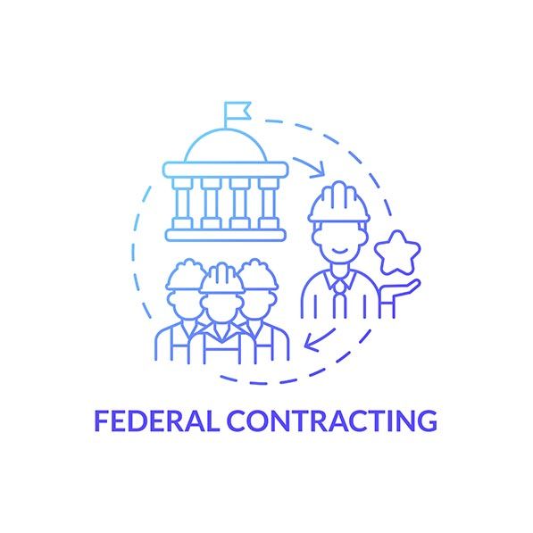 FEDERAL CONTRACTING text beneath line drawings of a government building and workers.