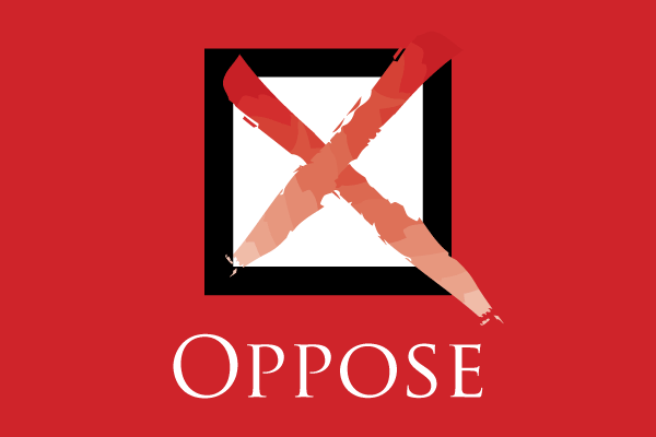 A red X crosses a black-outlined square above the word Oppose on red.