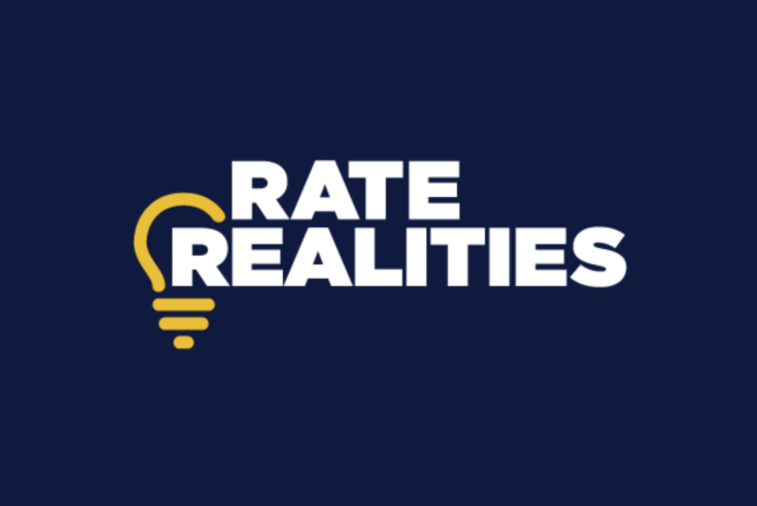 Rate Realities logo in white with a yellow lightbulb outline on navy.