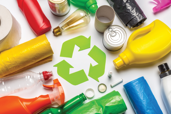 A green recycling symbol surrounded by plastic bottles, cans, bags and a lightbulb.