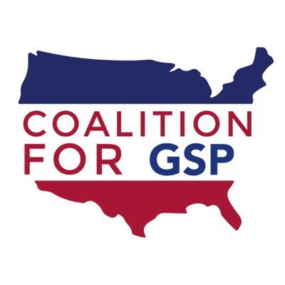 Coalition for GSP logo with red and blue sections of a United States silhouette.