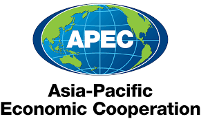 APEC Asia-Pacific Economic Cooperation logo with white lettering over a blue and green globe.