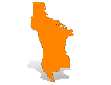 Orange silhouette map of San Mateo County with a gray drop shadow.
