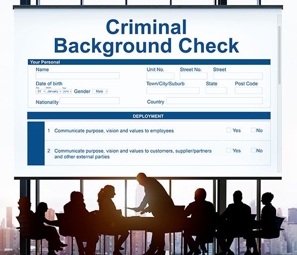 A Criminal Background Check form displayed above silhouettes of people in a meeting.