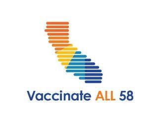 Vaccinate ALL 58 logo with a striped California silhouette in orange, yellow and blue.