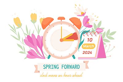 Spring Forward illustration with an alarm clock, flowers and March 10, 2024 calendar; clock moves an hour ahead.