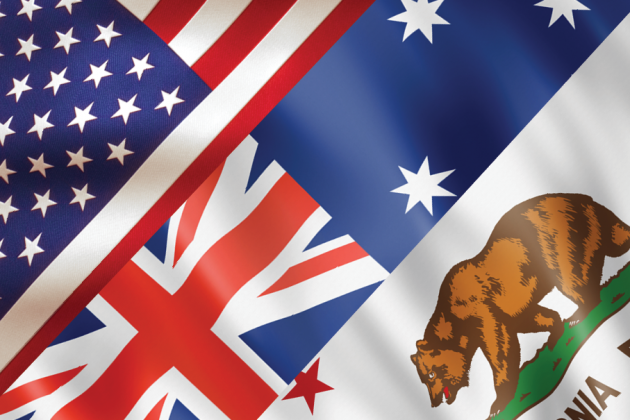U.S., Australian and California flags arranged diagonally across the image.