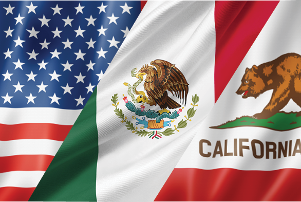 U.S., Mexican and California flags shown side by side with rippling fabric.
