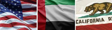 United States, United Arab Emirates and California flags displayed side by side.