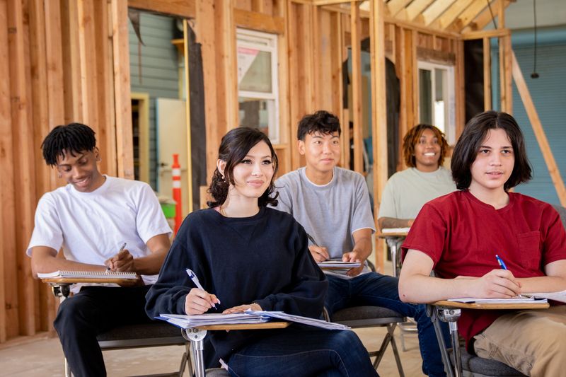 Long Beach City College construction tech students take notes during lecture (May 4, 2022). Photo courtesy California Community Colleges.