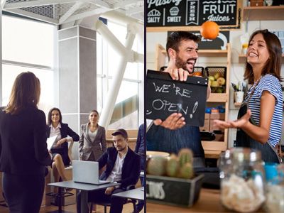 Split image of an office team meeting and two smiling shop workers holding a WE'RE OPEN sign.