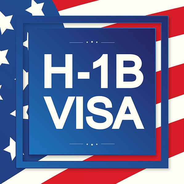 H-1B VISA text in a blue rectangular frame over an American flag motif.