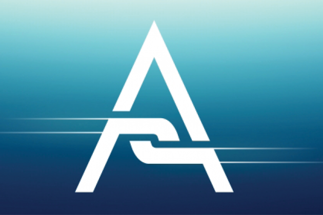 A white angular monogram on a turquoise-to-dark-blue gradient background.