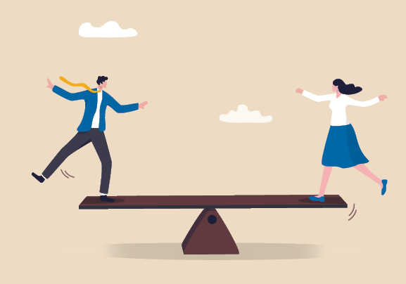 Illustration of a man and woman balancing on opposite ends of a seesaw.