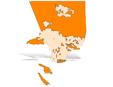 Map of Los Angeles County with orange and pale areas and offshore islands, shown with a drop shadow.