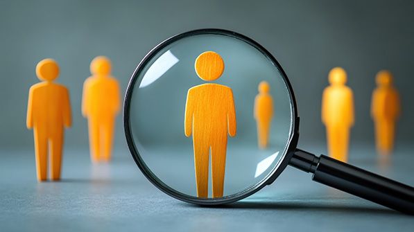 Magnifying glass enlarges one orange figure among a row of wooden people.