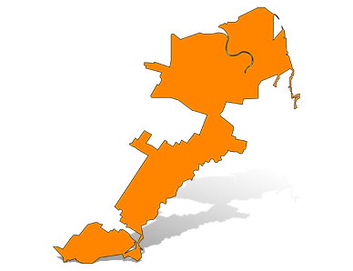 Orange silhouette map of Menlo Park with a gray drop shadow.