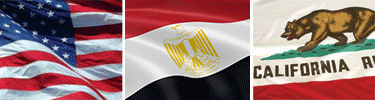 United States, Egypt and California flags displayed side by side.