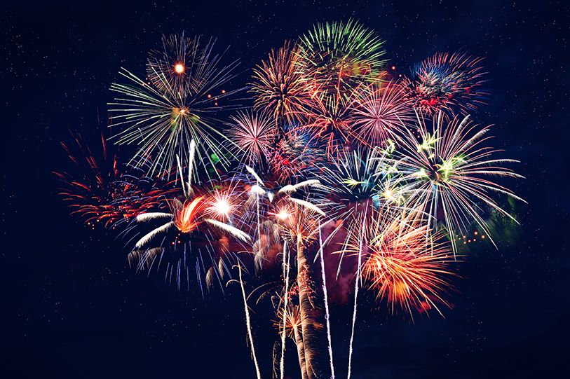 Colorful fireworks burst against a dark night sky.