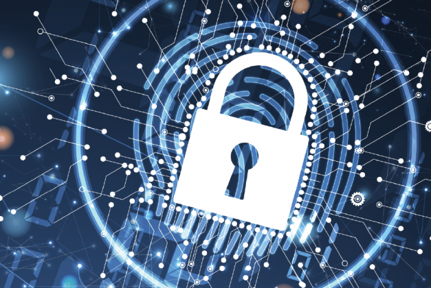 A white padlock overlays a network of glowing blue connections and circular lines.