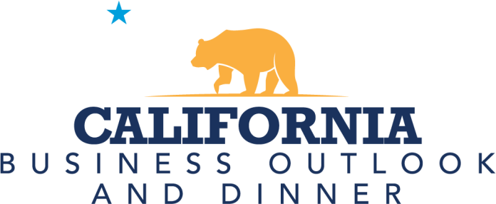 A gold bear and blue star above California Business Outlook and Dinner lettering.
