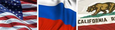 United States, Russia and California flags displayed side by side.