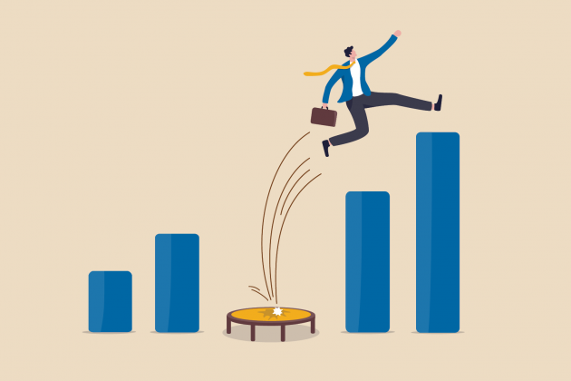 Illustration of a businessperson bouncing from a trampoline toward rising blue bars.