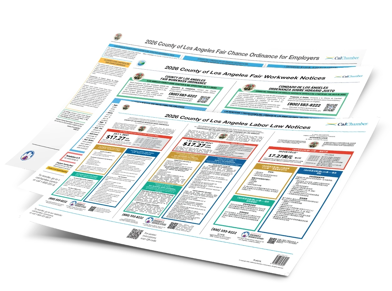 A layered collection of city and county labor law notices, including Los Angeles postings.