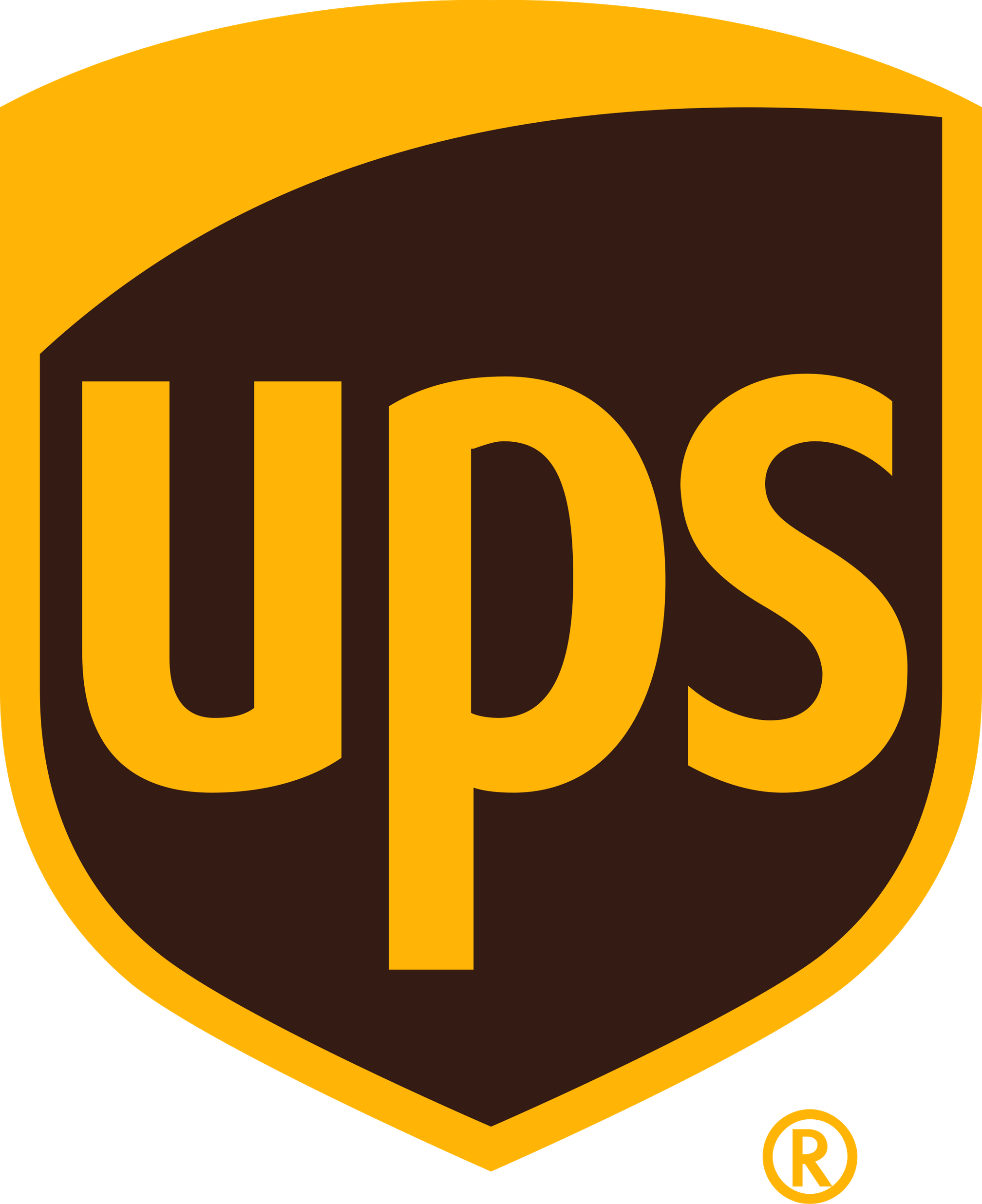 UPS logo with gold lowercase letters inside a brown and gold shield.