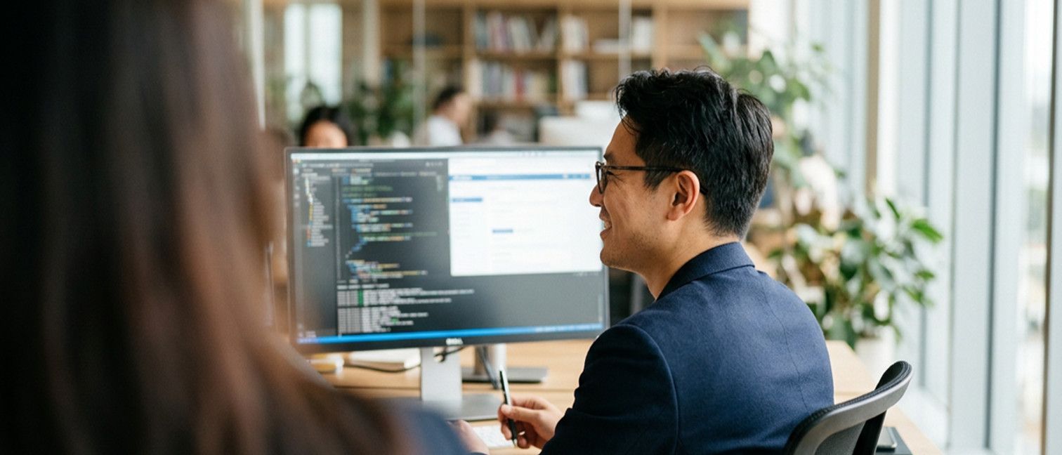 A man smiles while looking at a computer screen displaying code in an office setting.