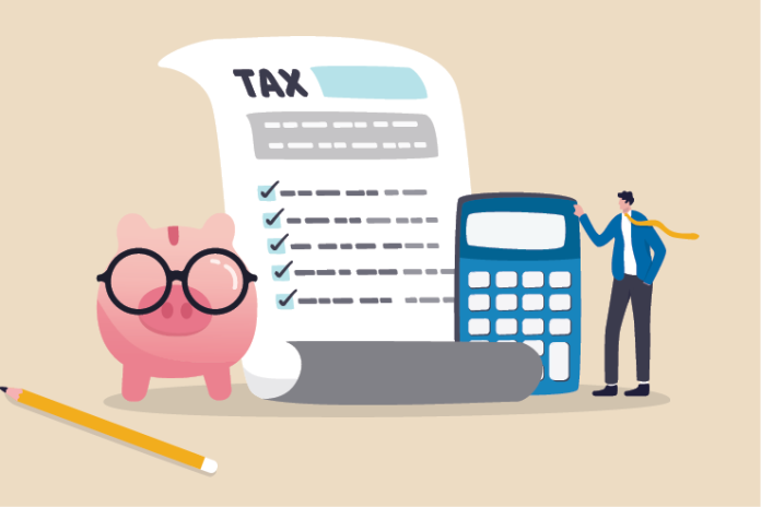 Illustration of a tax checklist, calculator, piggy bank and businessperson.