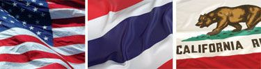 United States, Thailand and California flags displayed side by side.
