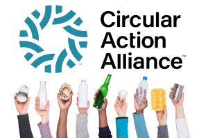 Circular Action Alliance logo above raised hands holding recyclable containers.