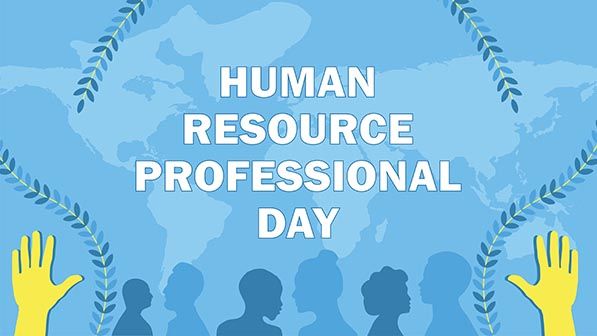 Human Resource Professional Day graphic with a world map, people silhouettes and raised yellow hands.